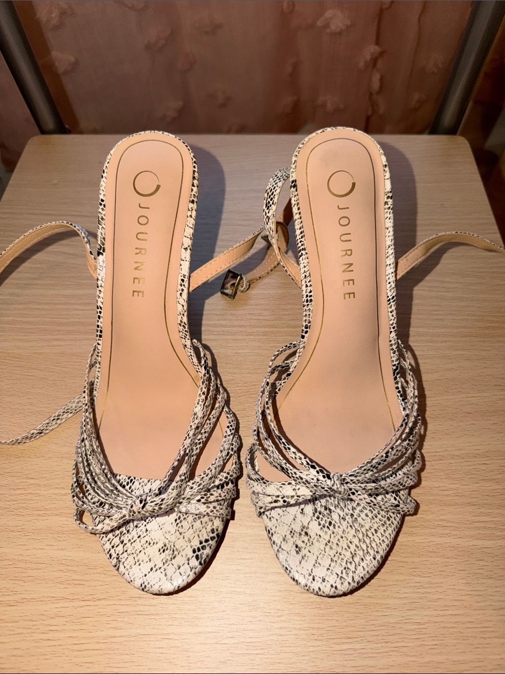 Journee Collection Beige Snakeskin Strappy Heels
